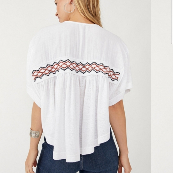 Free People Market Embroidered V Neck Tie Front Top White Oversized Medium - Picture 4 of 10
